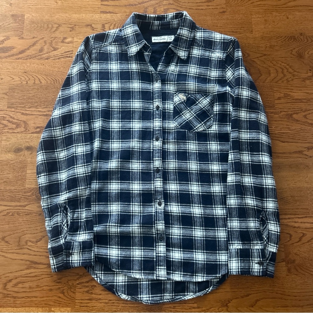 abercrombie kids flannel Shirt Top Plaid navy blue white Long Sleeve girl 15/16